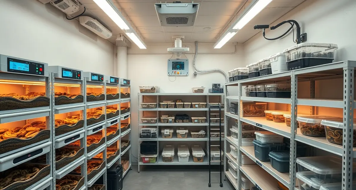 Professional Ball Python Breeding Room Setup Organized ball python breeding room with stacked racks, incubators, and climate control equipment for professional hatchery operations.