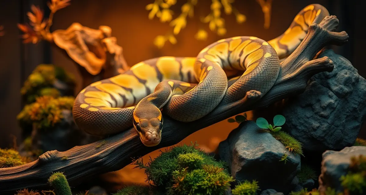 Ball python in enriched enclosure environment Ball python resting on enriched habitat branch with plants and natural substrate elements for improved welfare