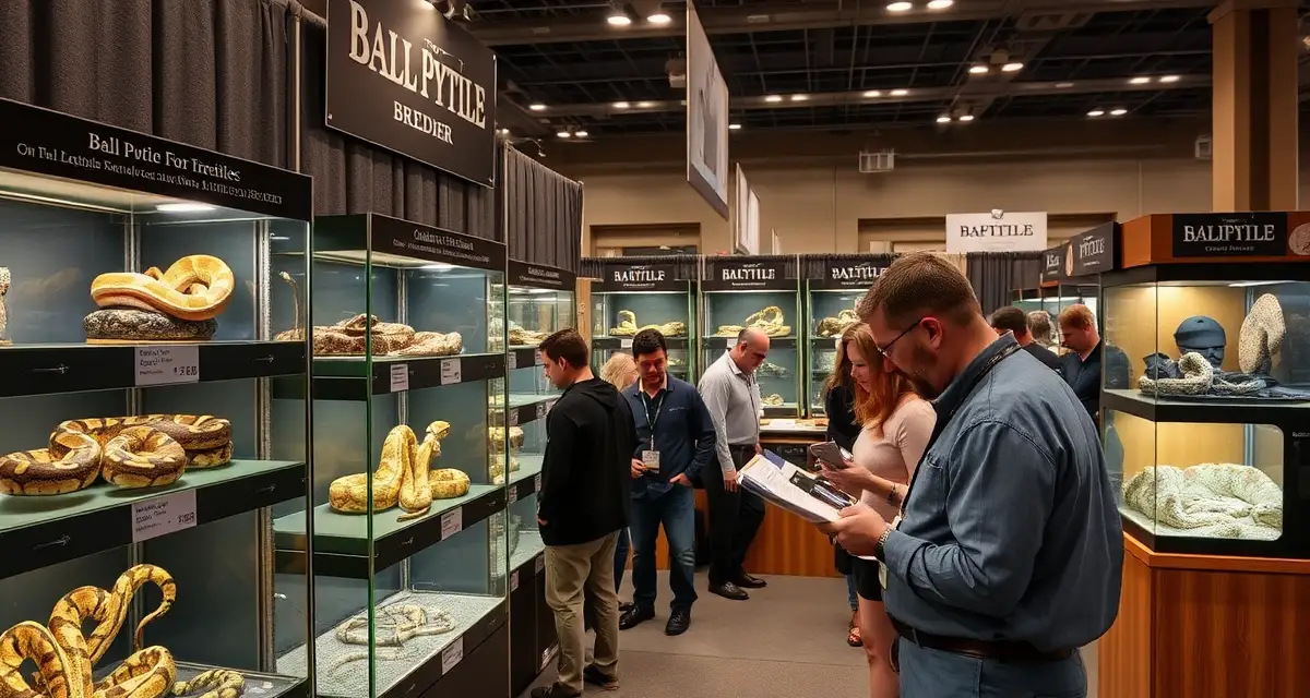 Ball Python Show Sales Setup Guide Professional ball python breeder demonstrating advanced show and expo sales strategy at reptile breeding event with organized display setup.