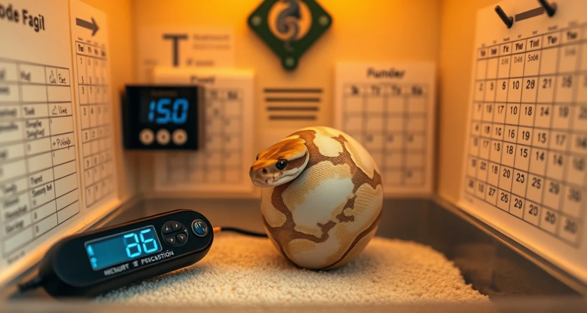 Incubation setup for accurate ball python hatch date calculations Ball python eggs in incubator with thermometer and hatch date calendar for breeding timeline planning