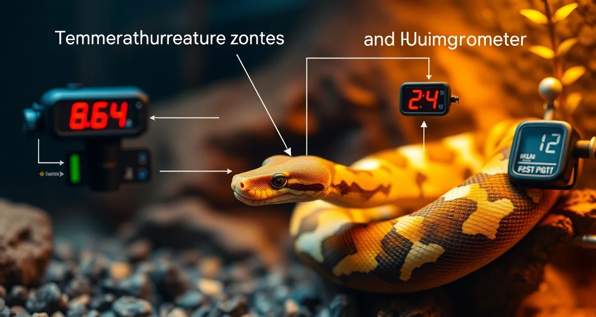 Environmental monitoring setup for ball python collections Ball python in enclosure with temperature and humidity monitoring equipment showing optimal breeding conditions