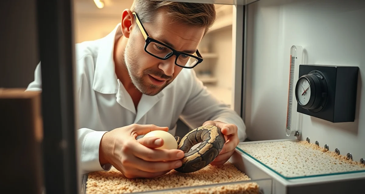 Professional incubator configuration for ball python eggs Ball python incubation setup with temperature control equipment, substrate, and egg container for successful breeding management