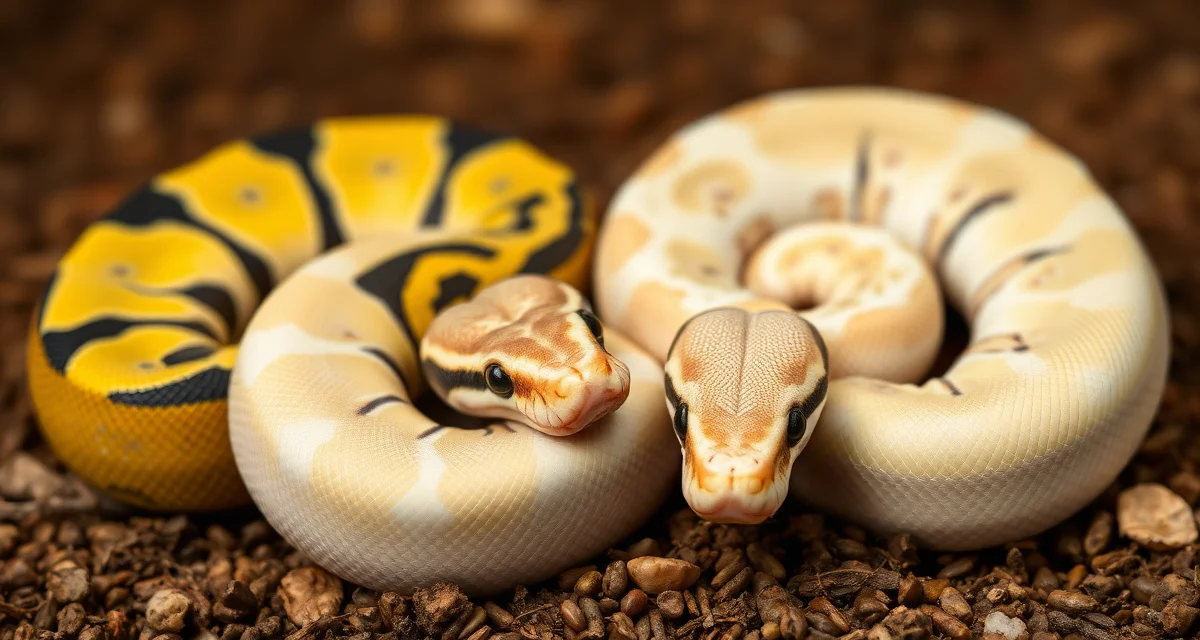 Ball python morph genetics comparison Three ball python morphs displaying different color patterns and genetic variations used in breeding programs
