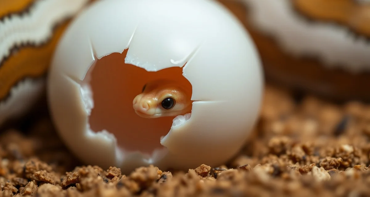 Ball Python Egg Pip Stage Documentation Ball python hatchling pipping through eggshell during incubation, showing normal pip progression for breeding operations.
