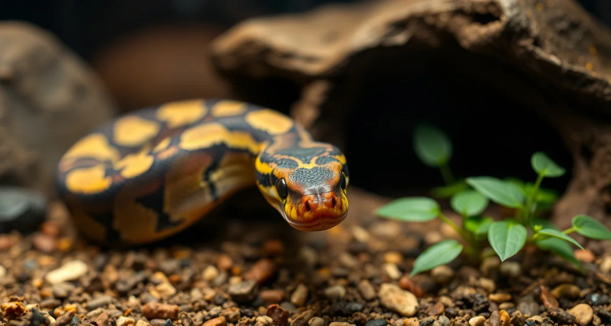 Healthy ball python care environment Ball python in proper enclosure setup demonstrating healthy feeding conditions to prevent regurgitation in breeding operations