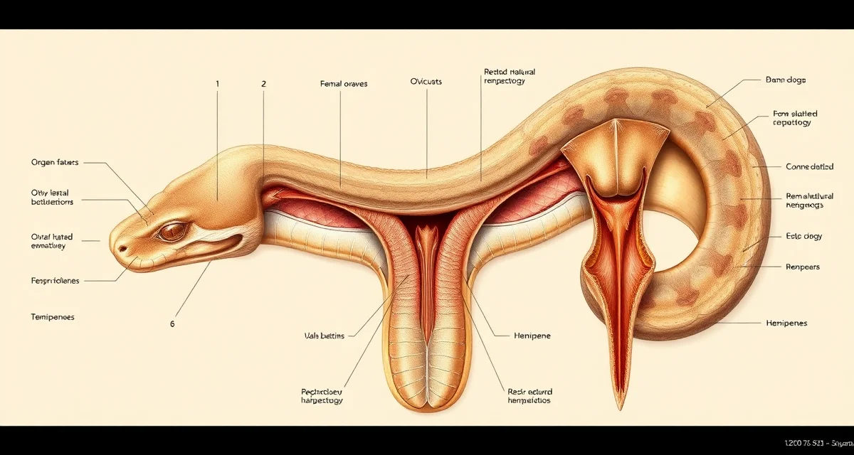 Ball Python Reproductive System Anatomy Guide Detailed anatomical diagram of ball python reproductive anatomy including female ovaries and male hemipenes for breeding education