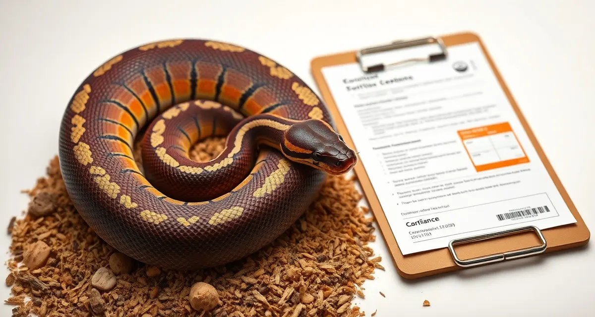 Blood Python Shipping and Compliance Documentation Blood python with compliance documentation and shipping materials illustrating proper breeding and transport requirements