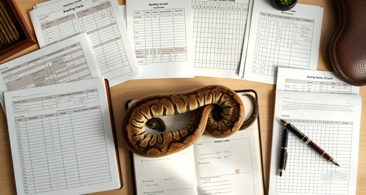 Professional breeding record documentation setup Organized Burmese python breeding record keeping system showing detailed documentation and genetic tracking materials for hatchery management