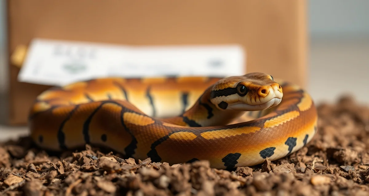Carpet Python Shipping and Compliance Carpet python coiled on natural substrate illustrating proper handling for compliance and shipping requirements