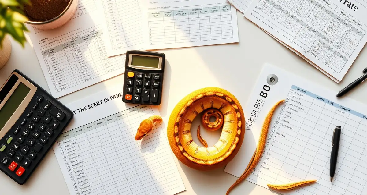 Breeder financial management workspace Corn snake financial tracking setup with breeding ledger, calculator, and records for hatchery profitability analysis