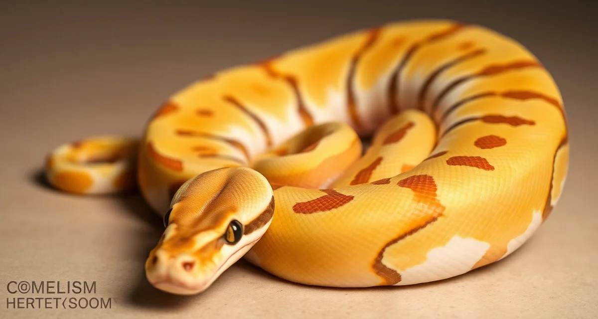 Fire Pied ball python morph documentation Fire Pied ball python displaying vibrant yellow-orange saddle markings with white Pied pattern contrast, bred for commercial herpeticulture.