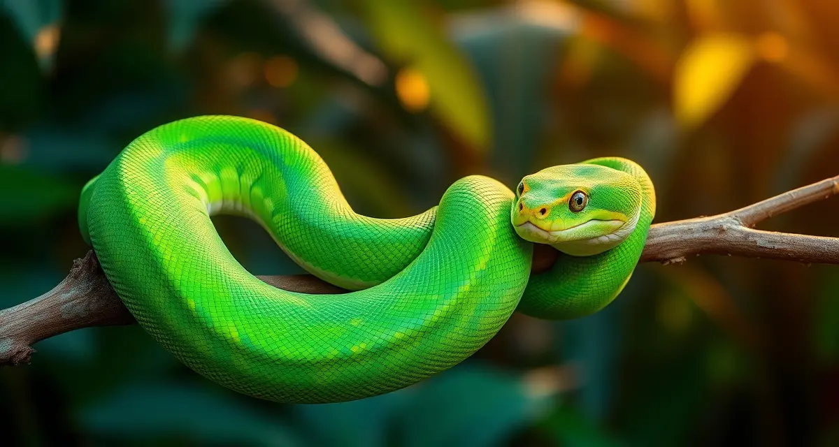 Green tree python care and breeding documentation Green tree python coiled on branch, illustrating species used in professional breeding record keeping programs.