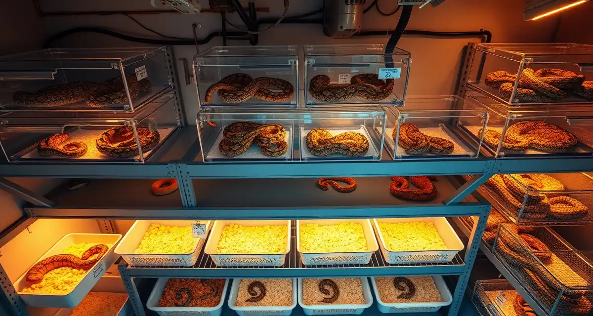 Western hognose breeder rack setup Professional hognose snake breeding rack system with organized plastic enclosures and substrate storage in a reptile hatchery facility
