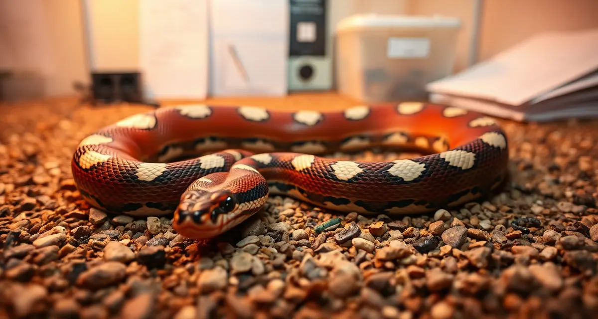 Professional milk snake breeding documentation Milk snake with vibrant red and black banding coiled on breeding substrate, representing professional reptile record keeping practices.