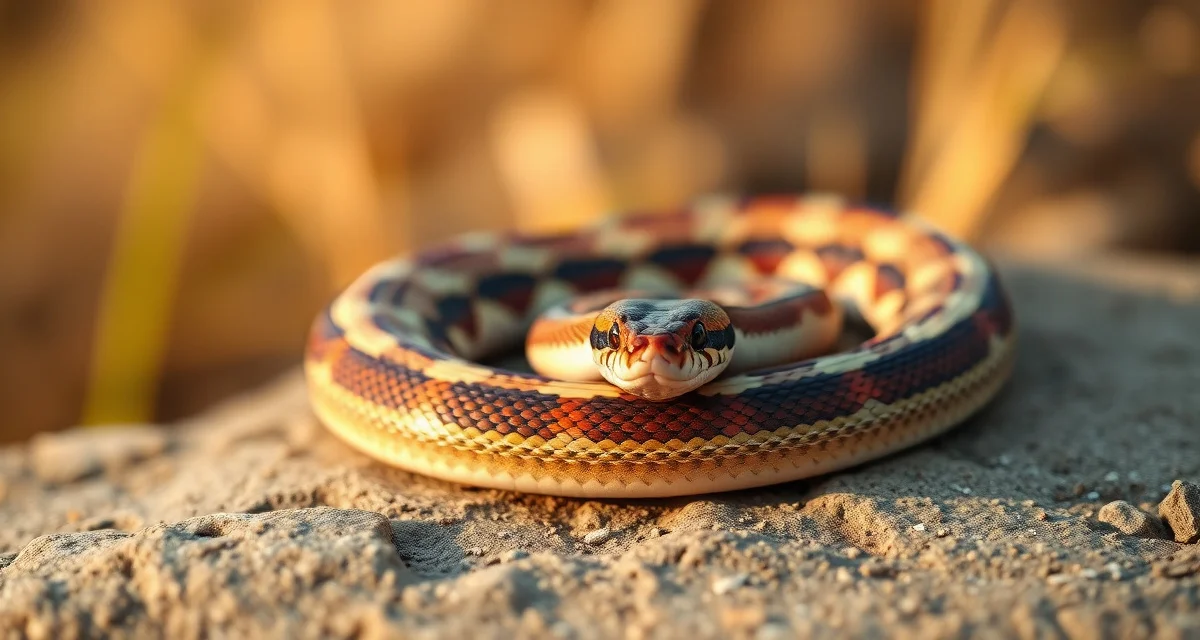 Milk snake breeding season identification Milk snake coiled on rock showing distinctive red and black band patterns used in breeding season identification and timing