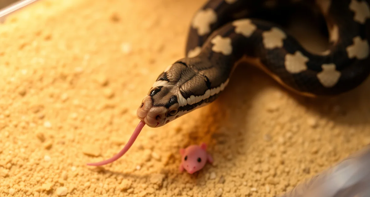 Milk snake hatchling feeding best practices Milk snake hatchling feeding technique demonstrating proper pinky mouse presentation during first feeding attempt after shed