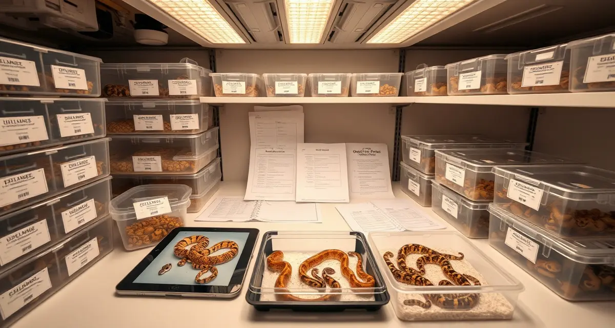 Professional hatchery inventory system for milk snake hatchlings Organized milk snake hatchling inventory management setup with labeled containers and digital record tracking system for reptile breeding operations.