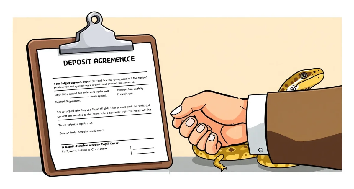 Clear deposit policies for reptile breeders Reptile breeder deposit and refund policy agreement documentation with handshake symbolizing buyer-seller trust and commitment.