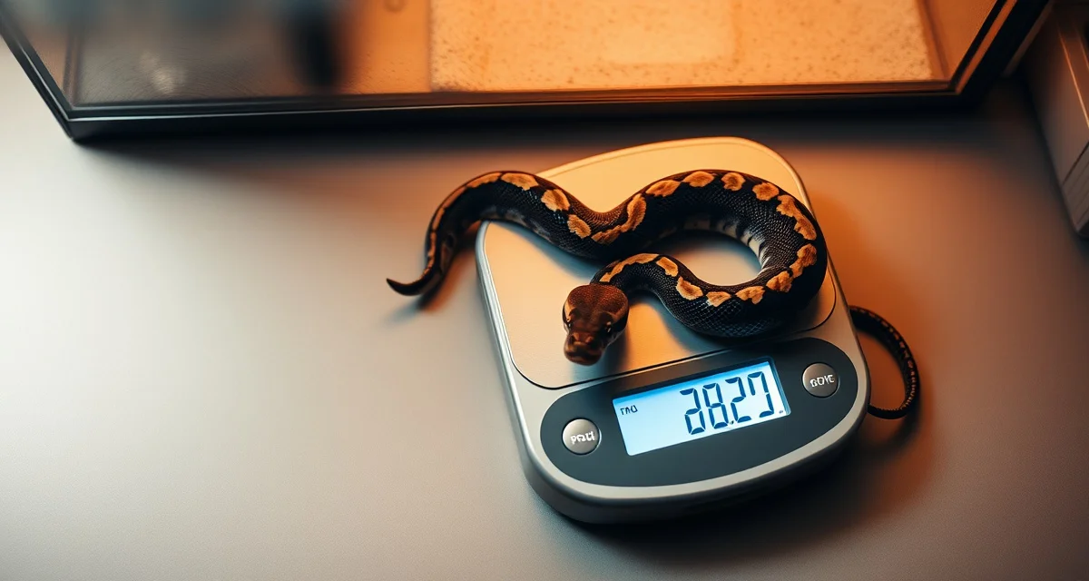 Weighing a breeding female reptile on a precision scale Female ball python being weighed on a digital scale during weight tracking for breeding condition assessment