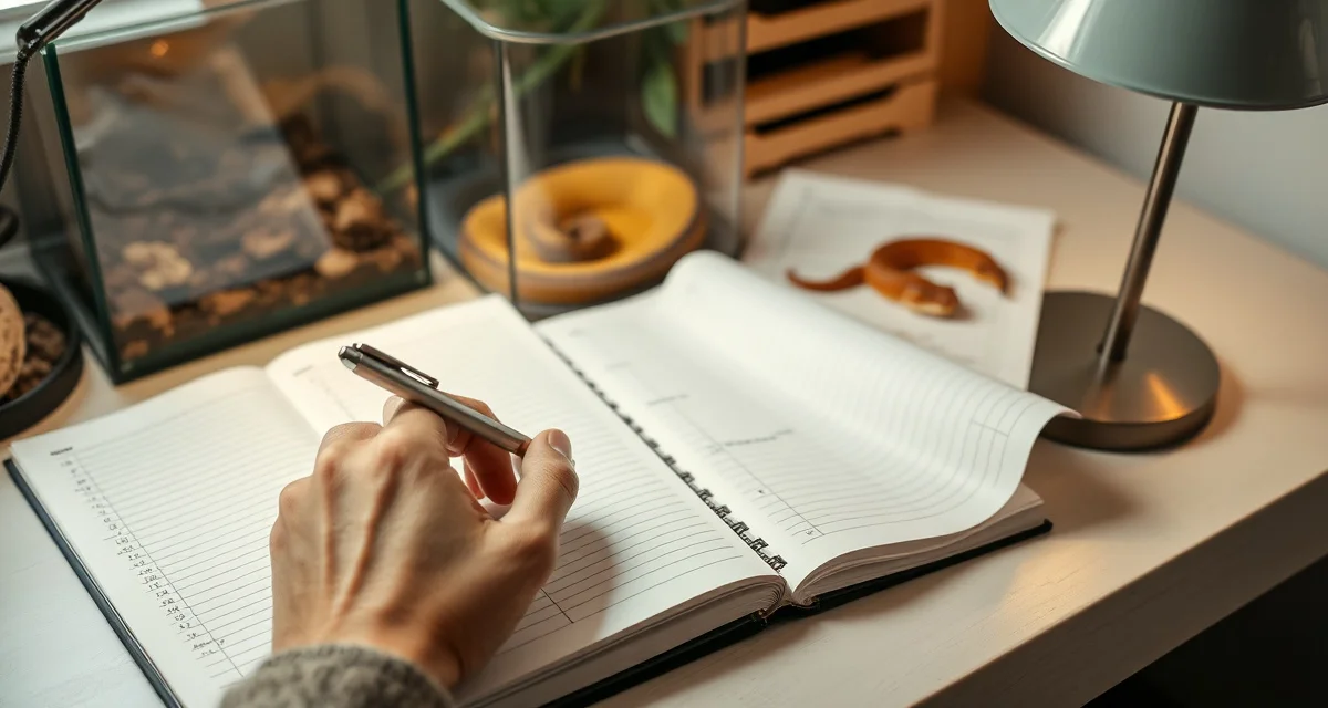 Professional reptile breeding records documentation Detailed breeding season records documented in a reptile hatchery ledger system for tracking pairings and outcomes.