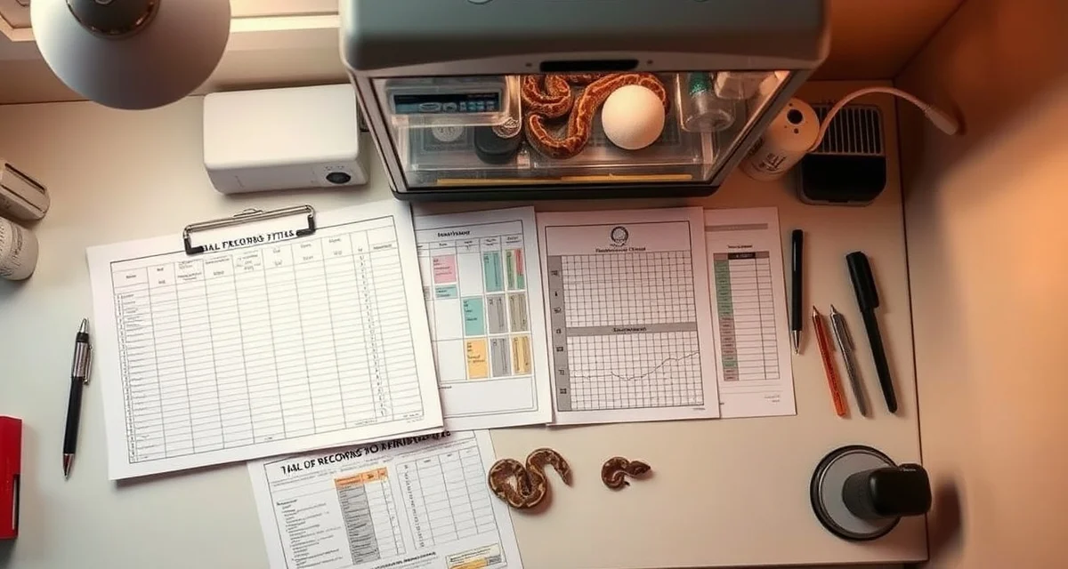 Professional clutch record documentation for reptile breeders Organized clutch records system for reptile breeding showing documentation, genetics tracking, and incubator setup for ball python hatchery management