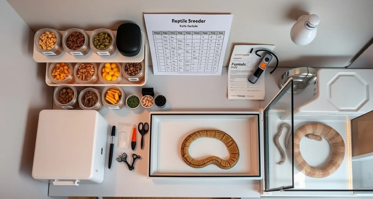 Feeding Schedule Management for Professional Reptile Breeders Organized reptile feeding schedule management system showing prey storage, feeding chart, and organized breeder workspace for efficient feeding logistics.
