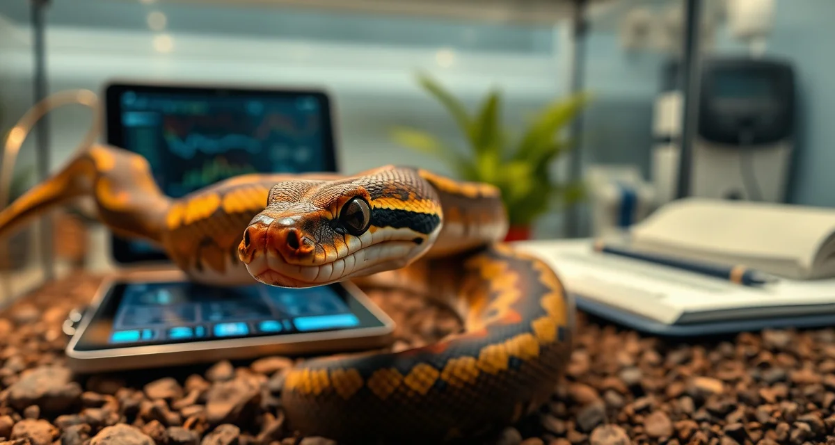 Organized health monitoring setup for reptile breeding collections Ball python in enclosure with animal health records documentation and monitoring supplies for reptile breeding collection management