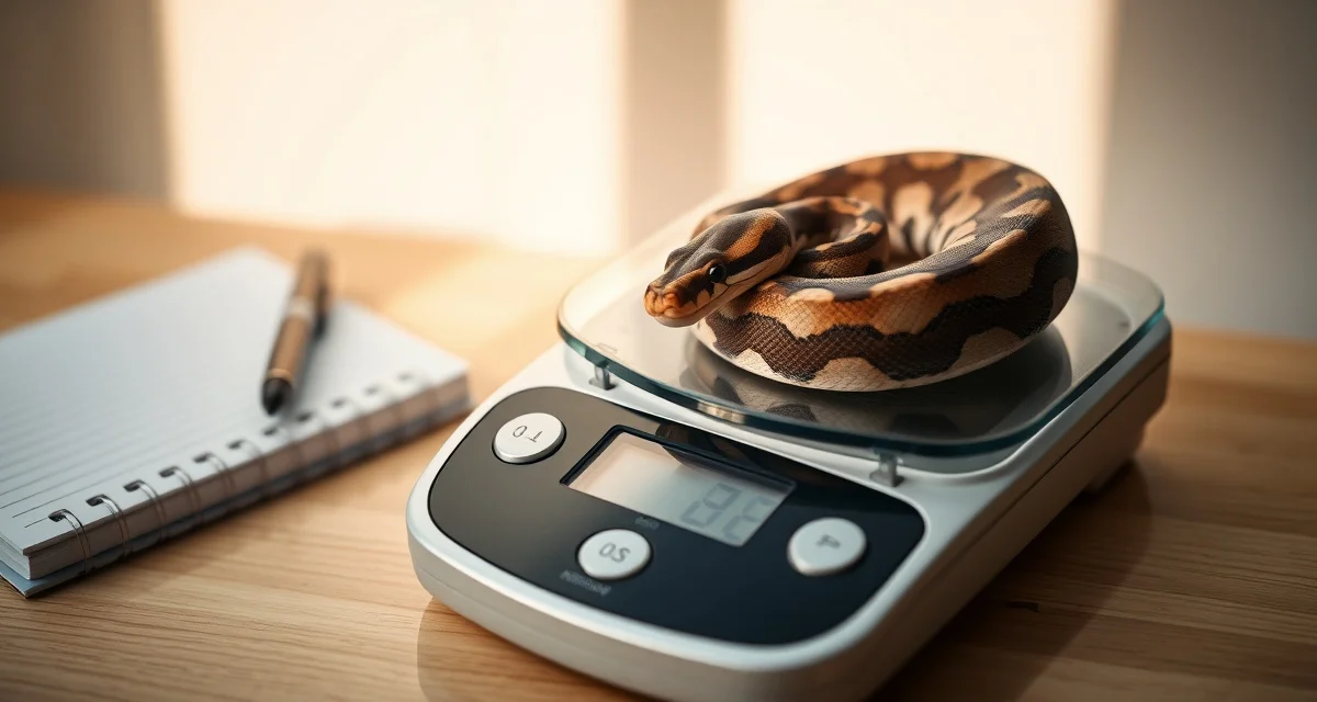 Accurate weight tracking for reptile health assessment Ball python being weighed on a digital scale for reptile health monitoring and weight tracking