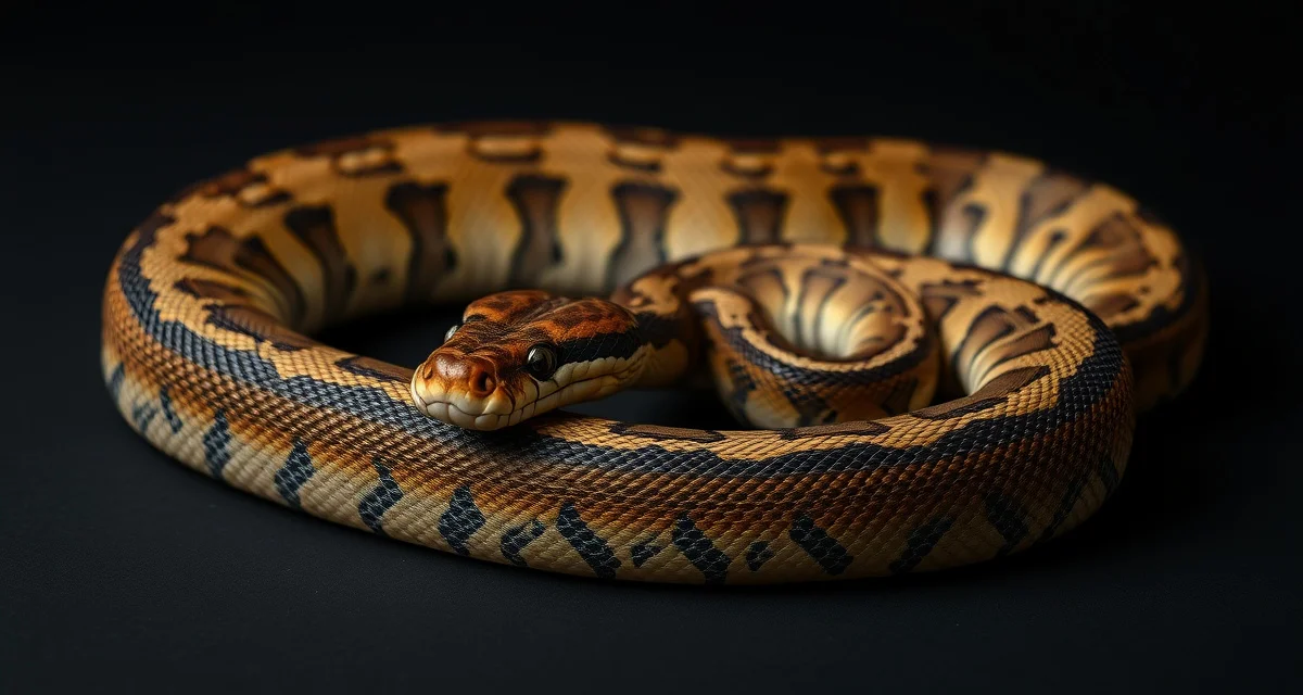 Reticulated Python Breeding Guide Adult reticulated python coiled on dark background, showing the large snake species known for producing 30-100+ eggs per clutch.