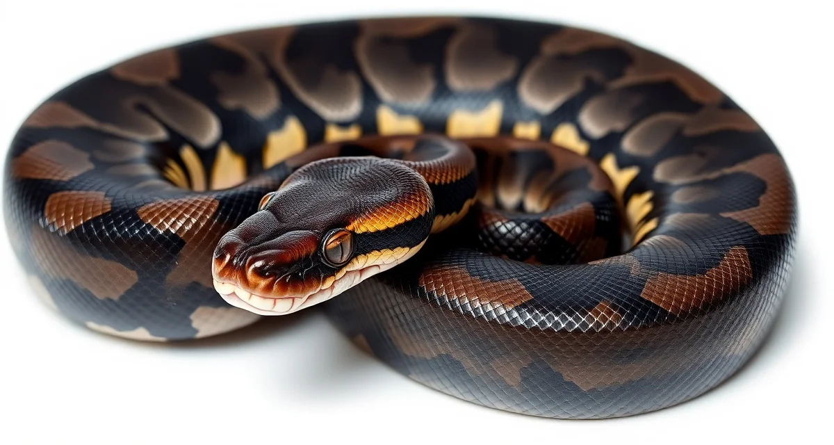 Super GHI morph ball python breeding specimen Super GHI ball python displaying dark dramatic coloration, the homozygous form of the GHI gene used in breeding projects